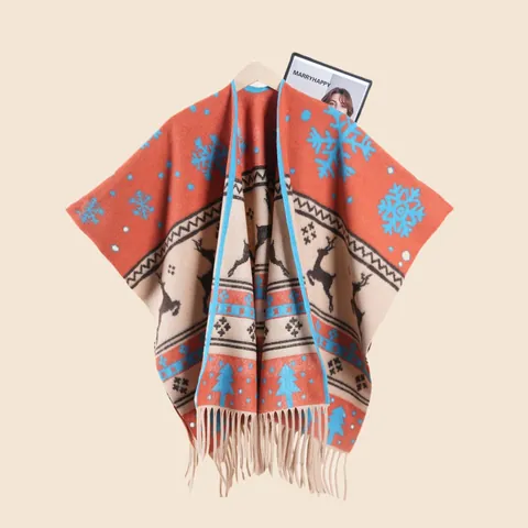Dames Kerst Gebreide Poncho Rendier Sneeuwvlok Patroon Met Kwastjes Zacht Polyester Winter Warme Kaap Voor Feestdagen