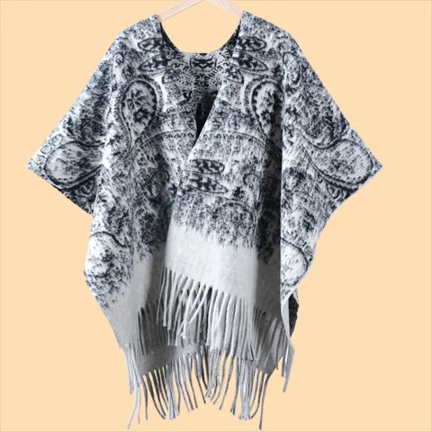 Women's Vintage Paisley Printed Tassel Poncho Shawl Thickened Warm Knitted Polyester Cape Wrap For Winter Travel Casual Wear