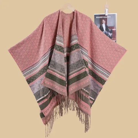 Scialle Poncho in Maglia a Diamante Geometrico Etnico Bohémien Per Donna Avvolgimento Retro Con Frange Mantello Invernale