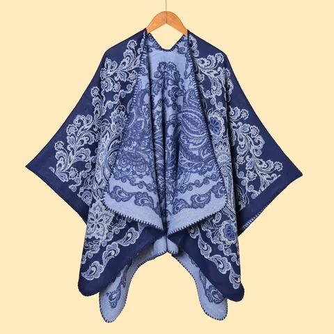 Chal Poncho Vintage para Mujer con Estampado de Cachemira Floral Jacquard de Imitación Cachemira Capa Abierta Invierno