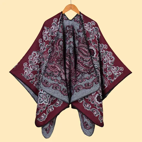 Chal Poncho Vintage para Mujer con Estampado de Cachemira Floral Jacquard de Imitación Cachemira Capa Abierta Invierno