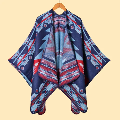 Bohemian Geometric Ethnic Pattern Knitted Shawl Poncho Women Thick Warm Cashmere-like Acrylic Polyester Wrap Open Front Cape