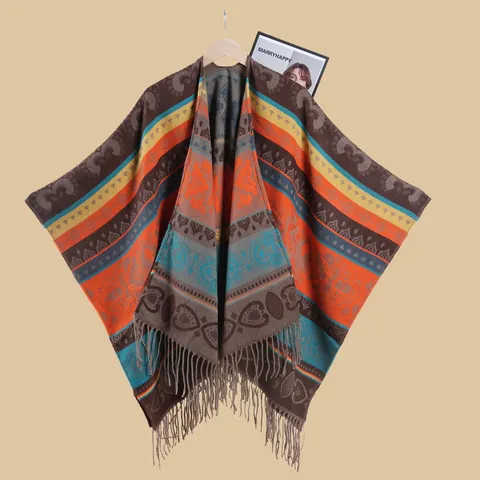 Damen Ethnisch Quaste Poncho Umhang Kaschmirähnlich Acryl Polyester Jacquard Bohemian Schal Wrap Für Winterreisen
