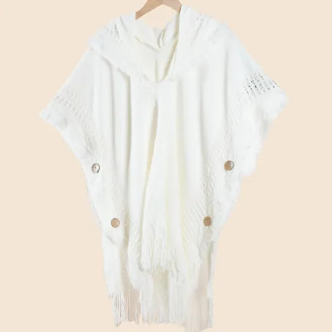 Bohemian Women Hooded Knit Poncho Shawl With Tassels Wood Buttons Retro Acrylic Pointelle Cable Knitted Cloak Outerwear