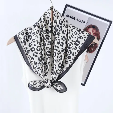 Women Satin Leopard Print Square Scarf Western Fashion Small Silk Scarf For Office Uniform Hair Wrap Bag Accessory Neckerchief