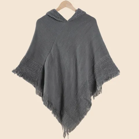 Women's Knit Hooded Poncho Shawl With Tassels Bohemian Acrylic Warm Solid Color Cape For Autumn Winter Everyday Wear