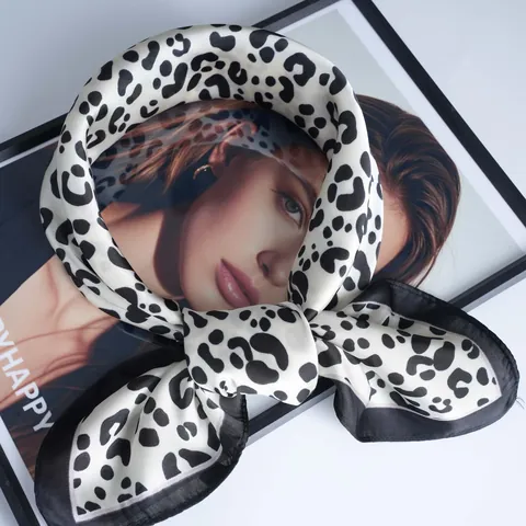 Women Satin Leopard Print Square Scarf Western Fashion Small Silk Scarf For Office Uniform Hair Wrap Bag Accessory Neckerchief