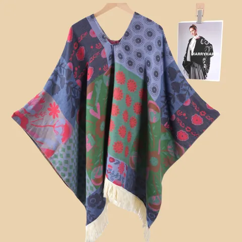 Women Bohemian Floral Color Block Poncho Shawl With Tassels V-Neck Warm Knit Wrap For Autumn Winter Everyday Accessory