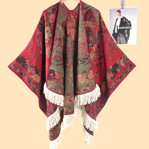 Poncho Chal para Mujer Étnico Floral Jacquard Vintage Cálido Capa Gruesa Con Borlas Bohemio Abierto Delantero Jersey