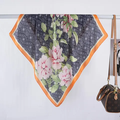 Vintage Peony Floral Printed Satin Square Scarf Women Elegant Silky Headscarf Sun Protection Decorative Beach Neck Scarf Shawl