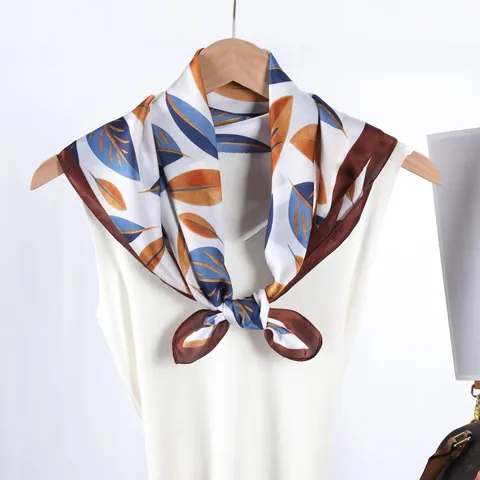 Women's Satin Square Scarf Fallen Leaf Printed Fashion Neckerchief Elegant Versatile Hair Head Bag Decoration Scarf Wrap
