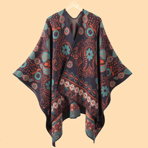 Women Vintage Paisley Jacquard Poncho Shawl Thick Warm Bohemian Ethnic Style Cape For Fall Winter Casual Wraps
