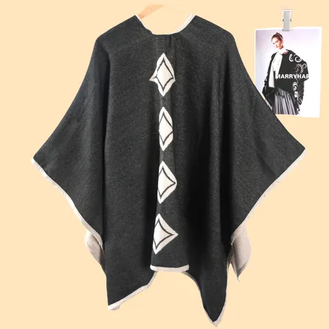Mantella Poncho in Maglia Geometrica a Righe da Donna in Imitazione Cashmere Sciarpa Calda Spessa per Autunno Inverno Viaggio Moda