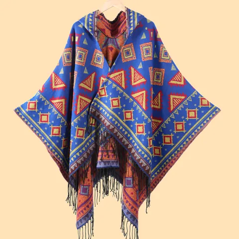 Scialle Poncho con Cappuccio da Donna Boho Etnico Mantella con Frange Nappine e Jacquard Geometrico per Fotografia di Viaggio Avvolgimento Invernale