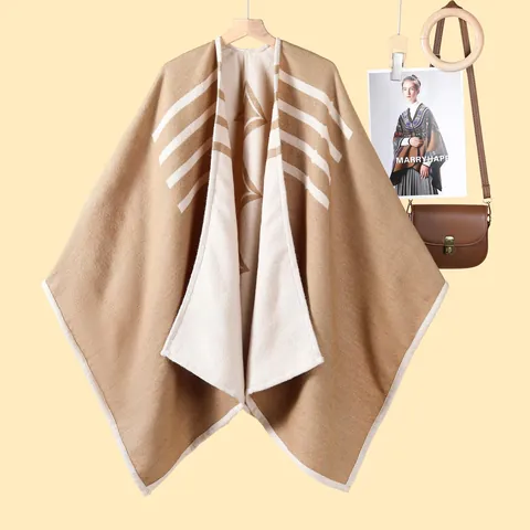 Mantella Poncho in Maglia Geometrica a Righe da Donna in Imitazione Cashmere Sciarpa Calda Spessa per Autunno Inverno Viaggio Moda