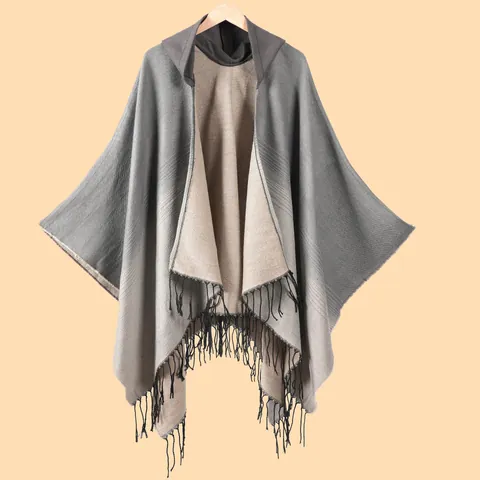 Damen Kapuzenponcho Mit Farbverlauf Streifen Und Quasten Warmer Strickschal In Kaschmir-Optik Für Winterreisen