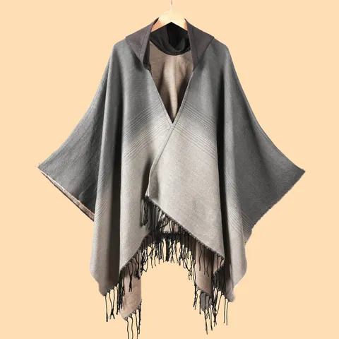 Damen Kapuzenponcho Mit Farbverlauf Streifen Und Quasten Warmer Strickschal In Kaschmir-Optik Für Winterreisen