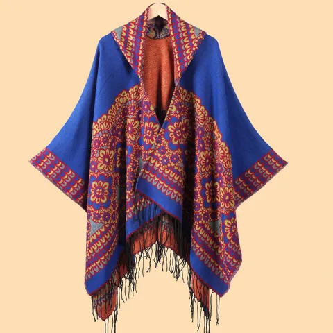 Damen Böhmisch Kapuzen Schal Poncho Strick Kaschmir-Imitat Cardigan Quasten Blumenmuster Vintage Warmer Umhang