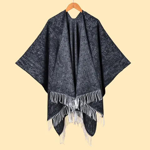 Damen Dick Warmer Kaschmir-Imitat Schal Poncho Mit Quasten Meliert Einfarbig Offener Umhang Für Winter Reisen