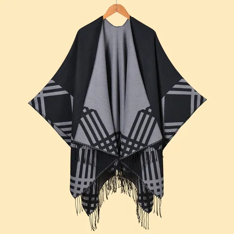 Women Imitation Cashmere Geometric Plaid Striped Tassel Shawl Poncho Elegant Thick Soft Warm Outdoor Travel Blanket Cape