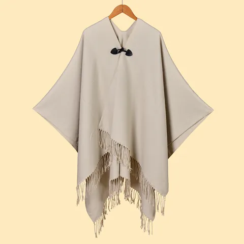 Women Elegant Cashmere Like Poncho Shawl With Leather Buckle Tassel Hem Warm Solid Color Wrap For Office Travel Daily