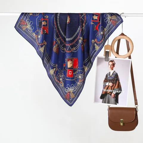 Elegant French Vintage Satin Square Scarf For Women Carriage Chain Wheat Ear Print Decorative Neck Scarf Silk Feel Accessory