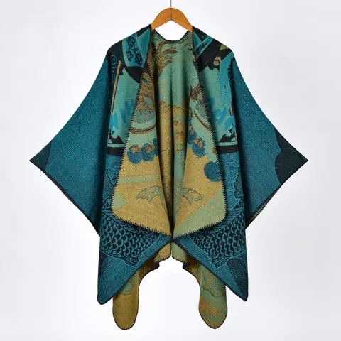 Damen Neuer Chinesischer Stil Koi Fisch Muster Verdicktes Kaschmir Imitat Schal Poncho Vintage Floral Jacquard Vorne Offen Warmer Umhang Für Reisen Fotografie