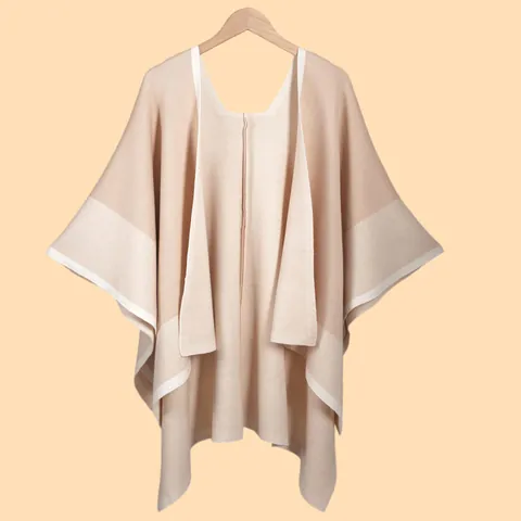 Women Knitted Shawl Poncho Contrast Border Block Color Elegant Warm Polyester Acrylic Open Front Wrap Cape For Winter