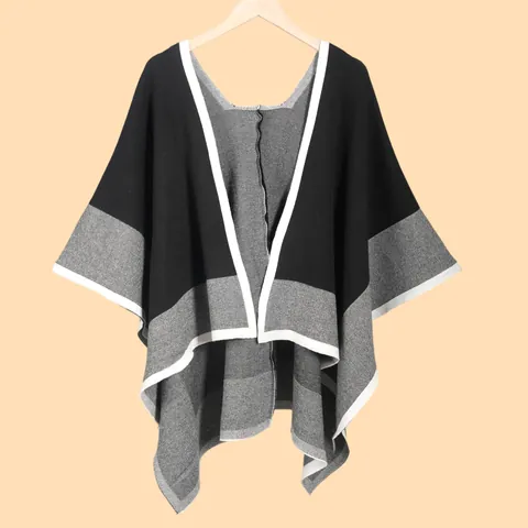 Women Knitted Shawl Poncho Contrast Border Block Color Elegant Warm Polyester Acrylic Open Front Wrap Cape For Winter