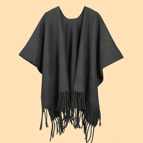 Women Thickened Tassel Poncho Shawl Warm Polyester Imitation Cashmere Solid Color Fringe Wrap For Autumn Winter