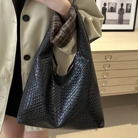 Bolso de Hombro de Cuero PU Trenzado Vintage para Mujer Gran Capacidad Color Sólido Bolso de Moda Urbana