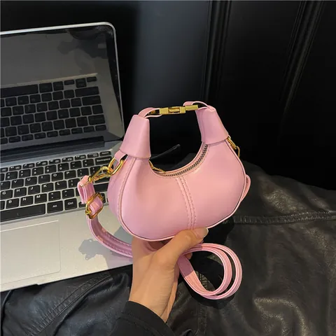 Women Mini PU Leather Hobo Crossbody Bag Solid Color Dumpling Shape Shoulder Bag With Golden Hardware Adjustable Strap