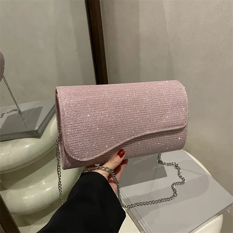 Women Elegant Glitter Evening Bag Clutch With Detachable Metal Chain Strap For Wedding Party Banquet Solid Color Flap Handbag