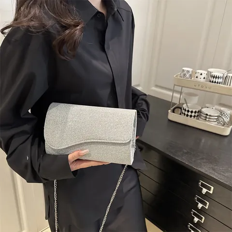Women Elegant Glitter Evening Bag Clutch With Detachable Metal Chain Strap For Wedding Party Banquet Solid Color Flap Handbag