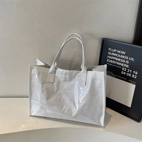 Women Large Capacity PVC Glossy Tote Bag With Letter Print Waterproof Shoulder Handbag For Work Shopping Daily Use