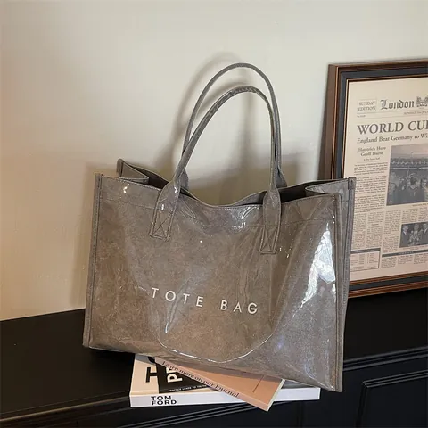 Women Large Capacity PVC Glossy Tote Bag With Letter Print Waterproof Shoulder Handbag For Work Shopping Daily Use