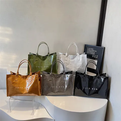 Women Large Capacity Tote Bag PVC Waterproof Commuting Handbag Casual Shoulder Bag Simple Design Shopping Bag