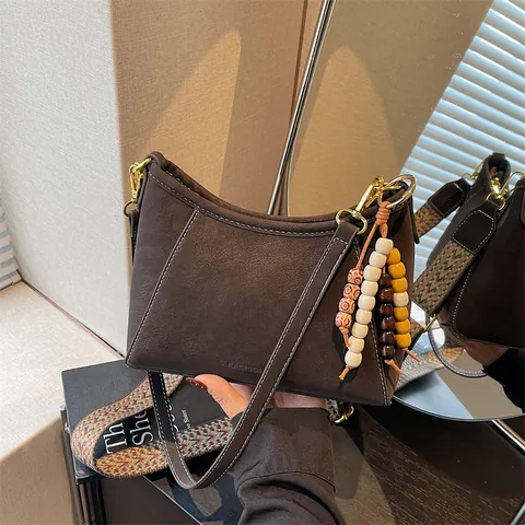 Damen Minimalistische Canvas Schultertasche Mit Kontrastnähten Breitband Holzperlen Quaste Mode Umhängetasche Hobo Unterarmtasche
