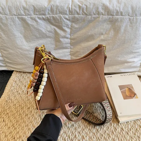 Damen Minimalistische Canvas Schultertasche Mit Kontrastnähten Breitband Holzperlen Quaste Mode Umhängetasche Hobo Unterarmtasche