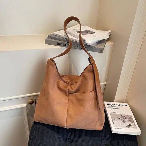 Borsa a Spalla da Donna in Camoscio Grande Capacità Minimalista Vintage Hobo Tote Borsa Per Pendolari Quotidiani Versatile