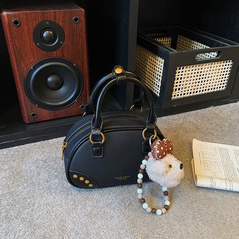 Women Vintage PU Leather Boston Handbag With Rivets And Furry Dog Charm Retro Shoulder Crossbody Bag Fashion Top Handle Bag
