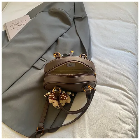 Women Vintage PU Leather Boston Handbag With Rivets And Furry Dog Charm Retro Shoulder Crossbody Bag Fashion Top Handle Bag