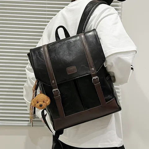 Zaino in Pelle PU Vintage da Donna Grande Capacità Borsa da Scuola per Laptop Stile Coreano Casual Giorno con Ciondolo Orso
