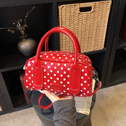 Borsa a Mano Vintage a Pois per Donna in Pelle PU Lucida Borsa a Tracolla Con Tracolla Regolabile Borsa a Spalla Boston Retro