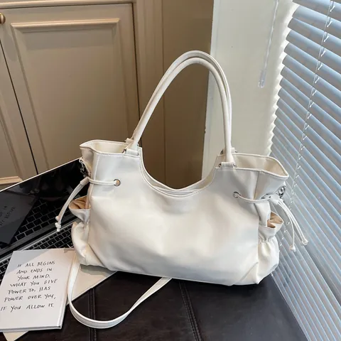 Sac Tote Vintage en Cuir PU pour Femmes Sac à Bandoulière Grande Capacité Avec Cordon Poches Latérales Sac de Travail