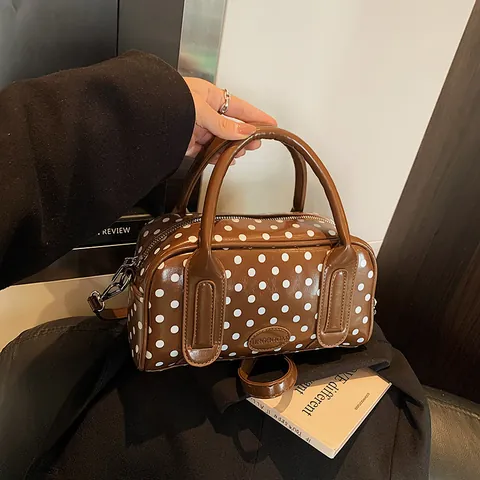 Borsa a Mano Vintage a Pois per Donna in Pelle PU Lucida Borsa a Tracolla Con Tracolla Regolabile Borsa a Spalla Boston Retro