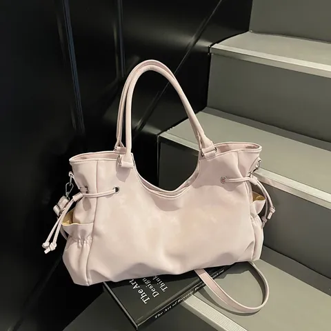 Sac Tote Vintage en Cuir PU pour Femmes Sac à Bandoulière Grande Capacité Avec Cordon Poches Latérales Sac de Travail