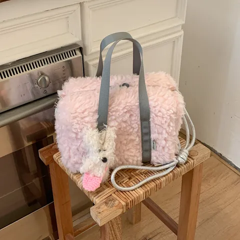 Borsa Tote in Peluche alla Moda Donna Morbida Borsa a Mano in Ecopelliccia Con Ciondolo Coniglio Borsa a Tracolla Casual