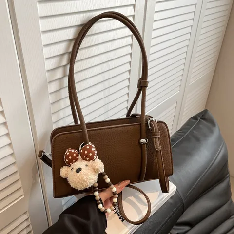 Vintage Litchi Pattern PU Leather Underarm Bag For Women Minimalist Zipper Closure Shoulder Bag With Plush Bear Pendant