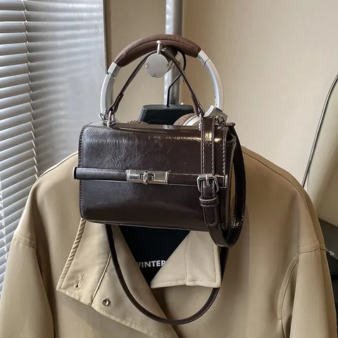 Bolso Cuadrado Pequeño de Cuero PU Brillante Vintage Moda Bolso Bandolera Con Cierre de Metal Color Sólido Bolso Mujer